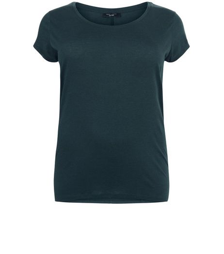 Curves Dark Green Dip Hem T-shirt | New Look
