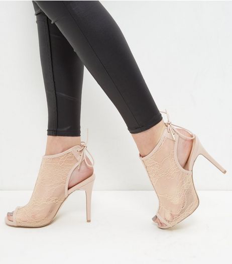 Wide Fit Cream Lace Peep Toe Tie Back Heels | New Look