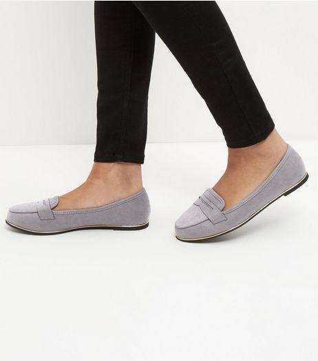 Wide Fit Grey Suedette Metal Trim Loafers | New Look