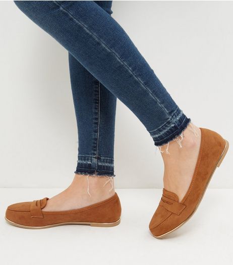 Wide Fit Tan Suedette Metal Trim Loafers | New Look