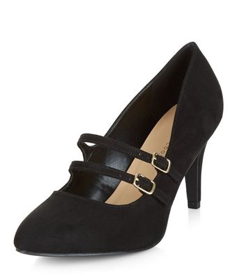wide fit black suedette cross strap block heels