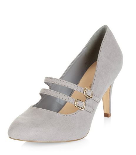 Wide Fit Grey Suedette Double Strap Court Shoes | New Look