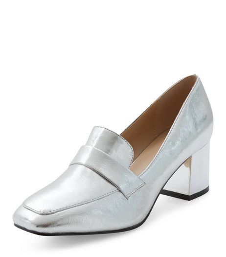 Silver Block Heel Loafers | New Look