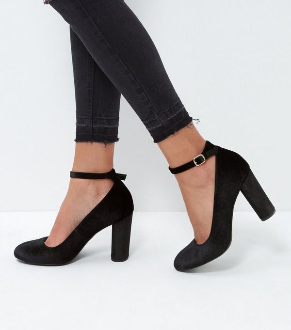 Black Velvet Ankle Strap Block Heels