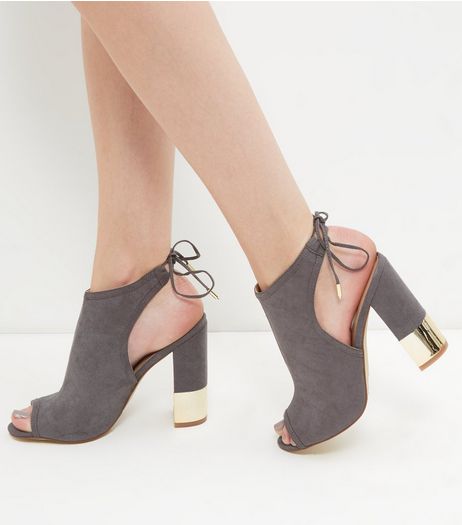 Grey Suedette Peep Toe Metal Trim Block Heels | New Look