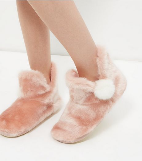 Pink Faux Fur Pom Pom Slipper Boots | New Look