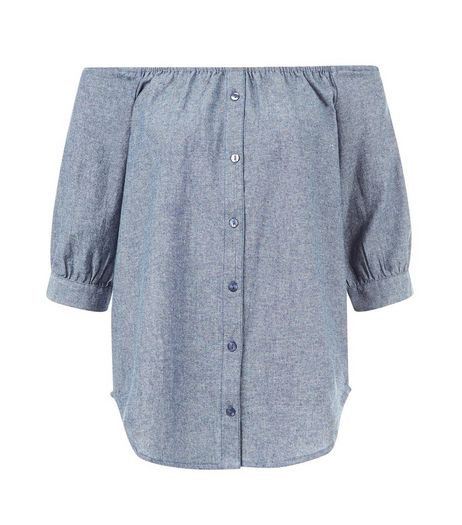 Influence Blue Button Front Bardot Neck Top | New Look