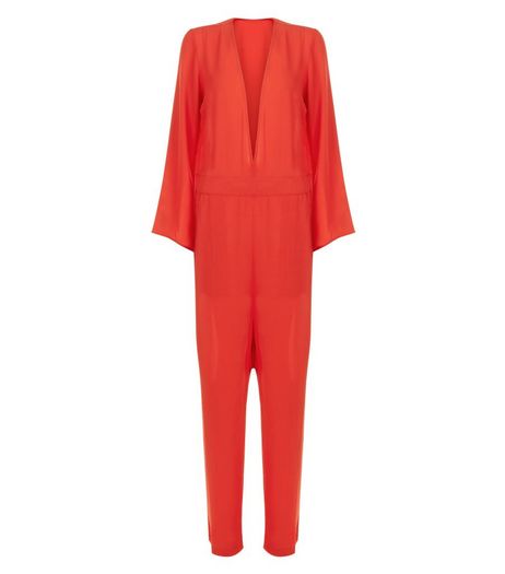 Innocence Red Plunge Long Sleeve Jumpsuit | New Look