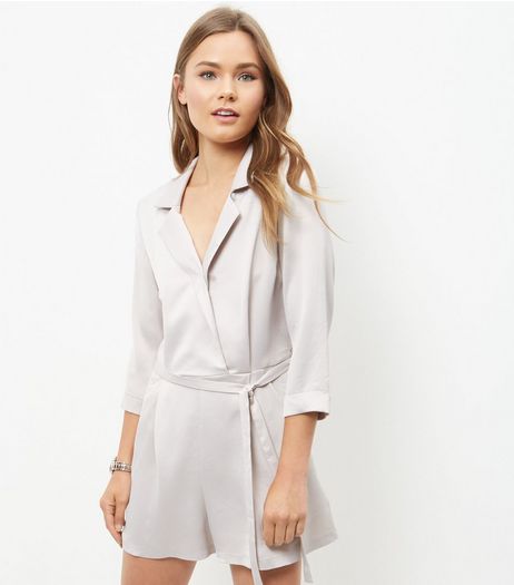 Grey Sateen 3/4 Sleeve Tux Playsuit | New Look