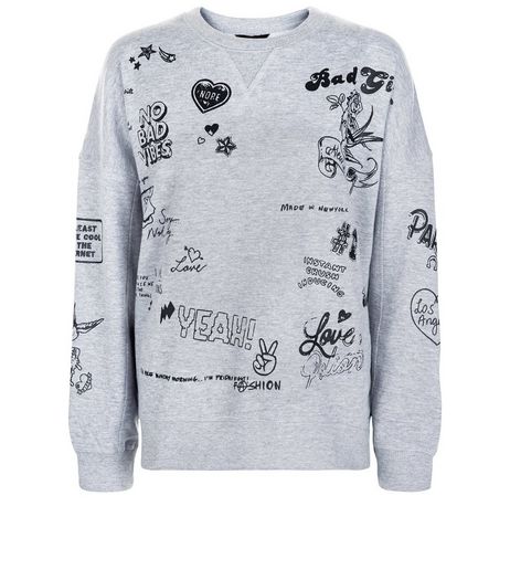 Grey Tattoo Print Sweater | New Look
