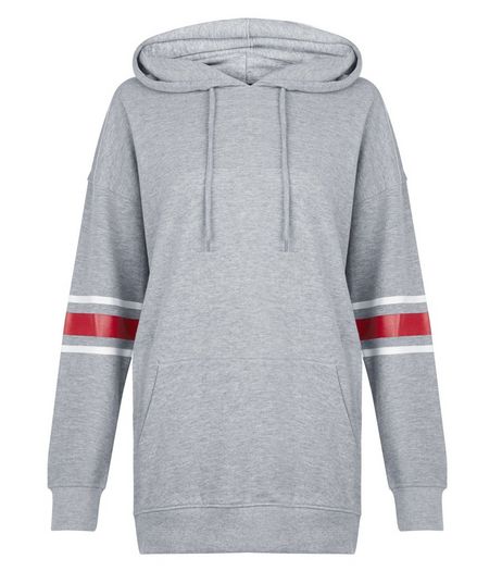 Grey Stripe Sleeve Longline Hoodie | New Look