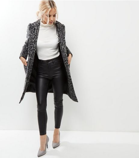 Petite Grey Leopard Print Longline Coat | New Look