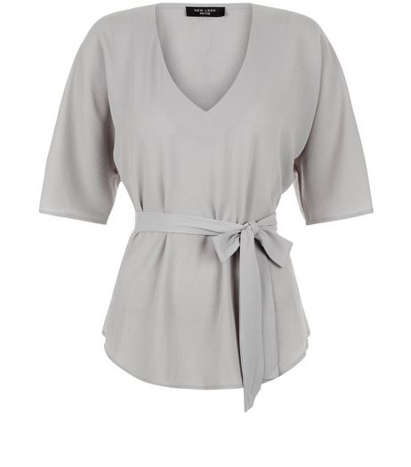 Petite Grey V Neck Belted Top | New Look