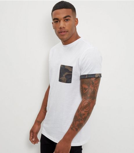 Cream Camo Print Single Pocket Roll Sleeve T-Shirt | New Look