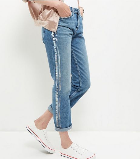 Blue Metallic Stripe Straight Leg Jeans | New Look