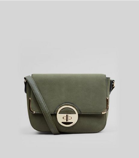 Khaki Suedette Twist Lock Shoulder Bag | New Look