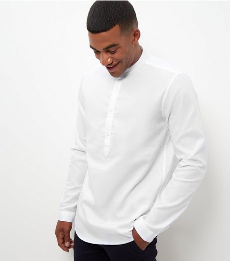 White Textured Button Front Grandad Collar Shirt | New Look