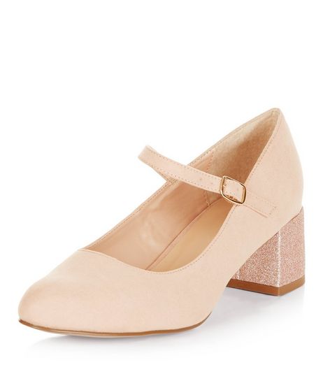 Wide Fit Pink Strap Front Glitter Block Heels | New Look