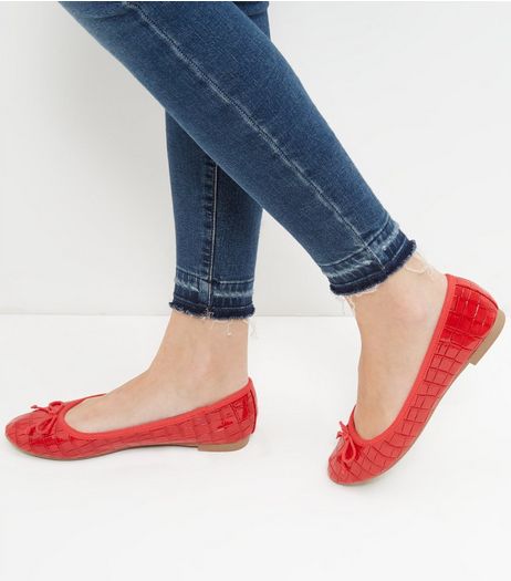Red Croc Texture Ballet Pumps | New Look