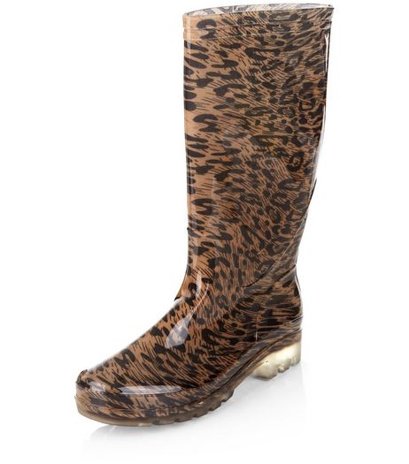 Stone Leopard Print Calf High Wellies | New Look