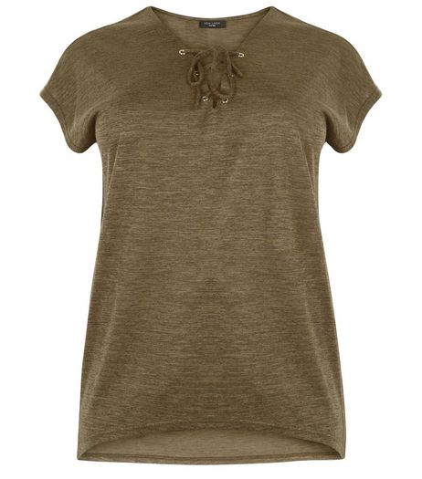 Curves Khaki Fine Knit Lace Up Top | New Look