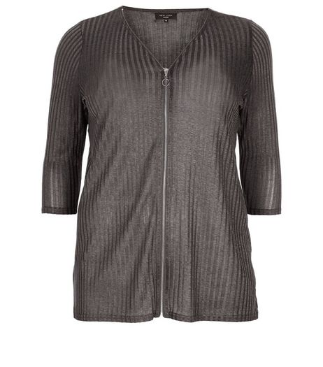 Curves Grey Zip Front 3/4 Sleeve Top | New Look