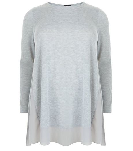 Curves Grey Chiffon Trim Long Sleeve Top | New Look