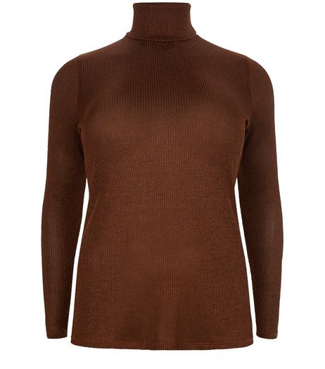 Curves Tan Metallic Ribbed Turtle Neck Long Sleeve Top | New Look