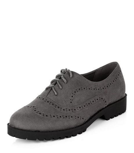 Wide Fit Grey Suedette Chunky Brogues | New Look