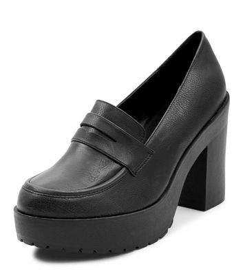 black chunky heel loafers