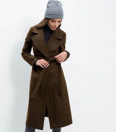 Khaki Wide Collar Wrap Front Longline Coat | New Look
