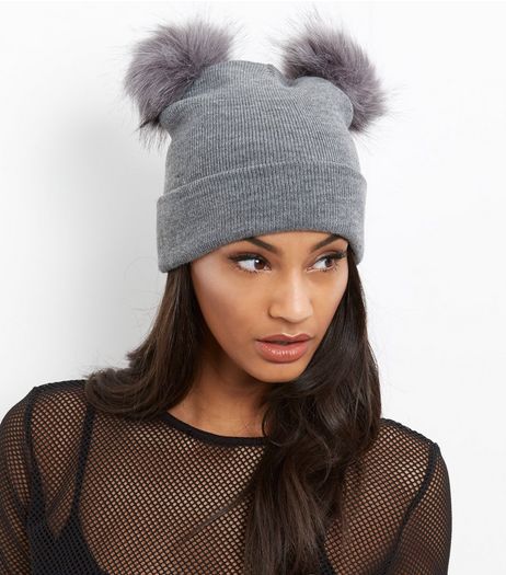 Grey Double Faux Fur Pom Pom Beanie Hat | New Look