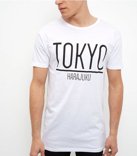 White Tokyo Print Panel Longline T-Shirt | New Look