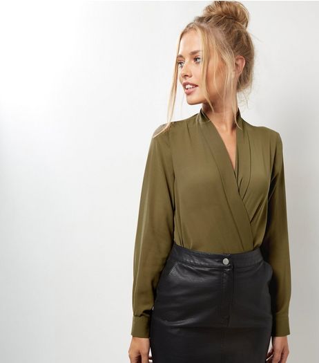 Khaki Wrap Front Long Sleeve Bodysuit | New Look