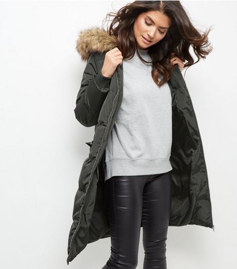 Khaki Padded Faux Fur Trim Puffer Coat | New Look