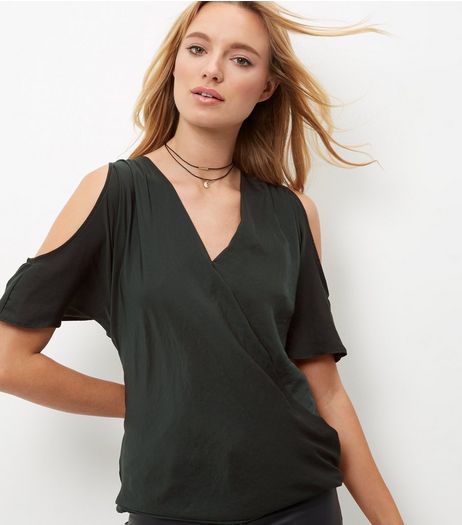 Dark Green Sateen Wrap Front Cold Shoulder Top | New Look