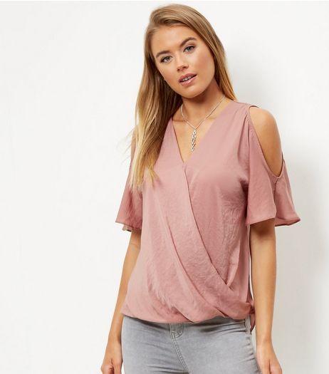 Pink Sateen Wrap Front Cold Shoulder Top | New Look