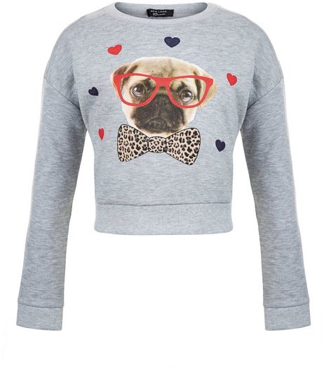 Girls Grey Pug Heart Sweater | New Look