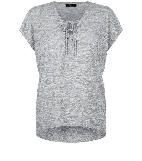 Petite Grey Lace Up Front T-Shirt | New Look