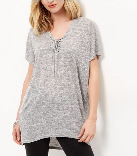 Tall Grey Lace Up Front Dip Hem T-Shirt | New Look
