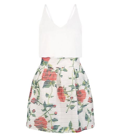 AX Paris White Floral Print V Neck 2 in 1 Dress | New Look