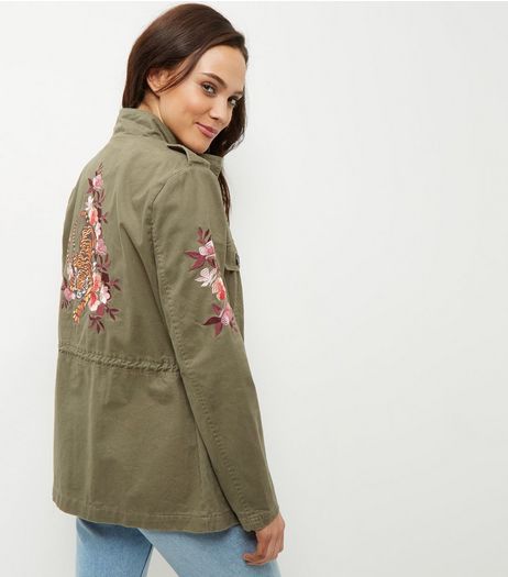 Khaki Floral Embroidered Parka Jacket | New Look