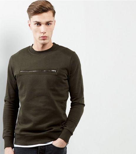 Khaki Zip Front Sweater | New Look