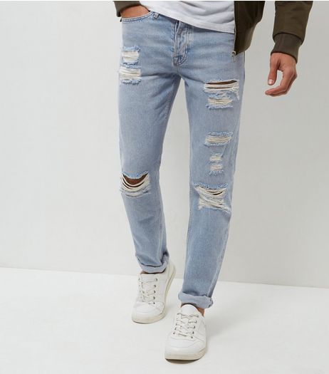 Blue Stonewash Extreme Rip Slim Jeans | New Look