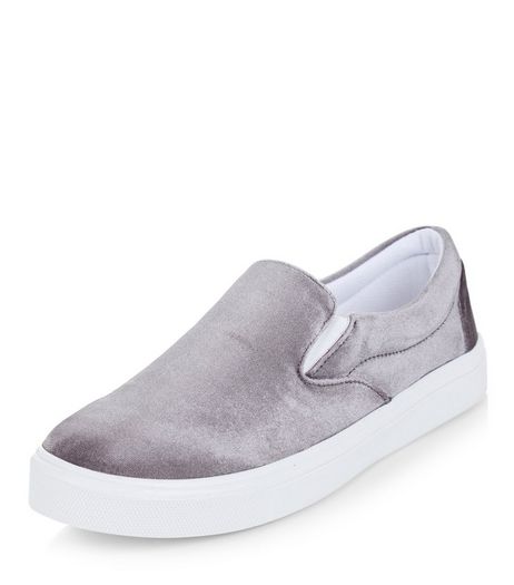 Grey Velvet Slip On Plimsolls | New Look