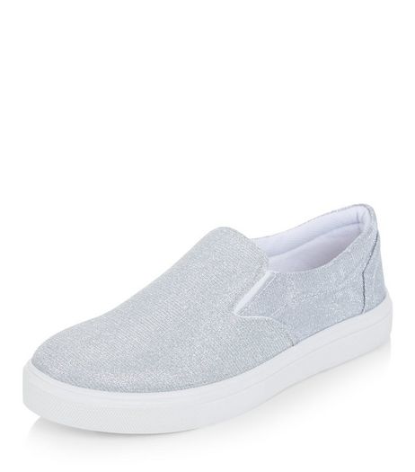 Silver Glitter Slip On Plimsolls | New Look