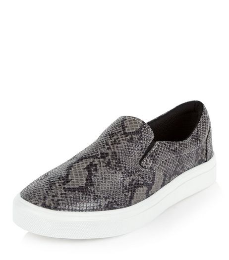 Grey Snakeskin Print Slip On Plimsolls | New Look