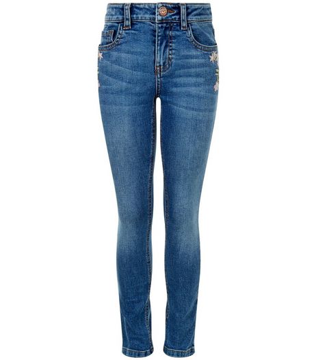 Girls Blue Embroirdered Skinny Jeans | New Look