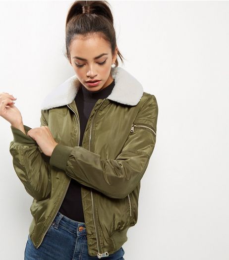 Khaki Borg Collar Bomber Jacket | New Look