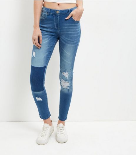 Parisian Blue Ripped Knee Patchwork Jeans | New Look